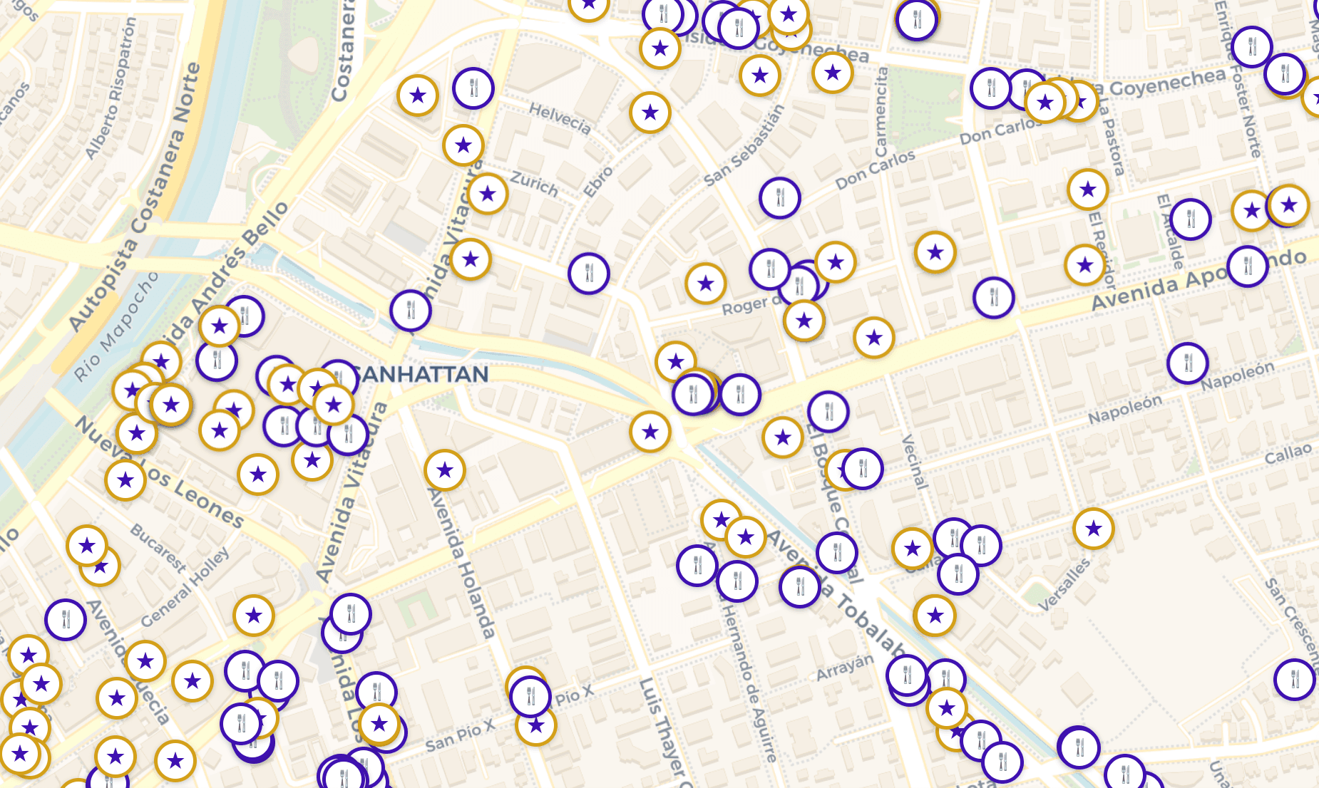 Mapa de restaurantes con descuentos bancarios en Santiago
